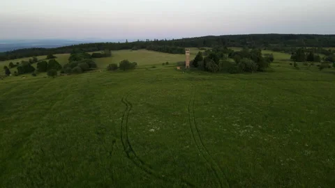 Aerial, inner german border GDR and FRG with watchtower in 4k, drone Video stock 156103298