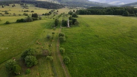 Aerial, inner german border GDR and FRG with watchtower in 4k, Drone, DDR Video stock 156128467