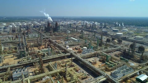 Aerial inspection oil refinery industrial plant Stock Footage