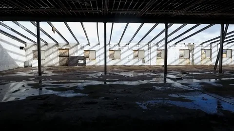 Aerial interior shot of an abandoned warehouse Stock Footage 72562473