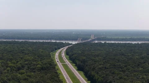 Aerial of Interstate 24 crossing Ohio River on truss bridge in Illinois Stock Footage 343592860