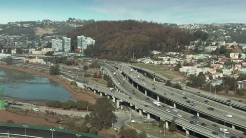 Aerial: Interstate 80 freeway in Albany, California, USA Stock Footage 162236508
