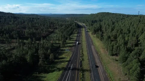 Aerial of an interstate highway running through a forest Stock Footage 203981346