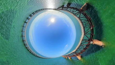 Aerial inverted tiny planet old railroad bridge Bahia Honda Florida Keys 2026 Stock Footage 335662887