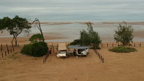 Aerial of Isolated Beach Camping Stock Footage 147469092