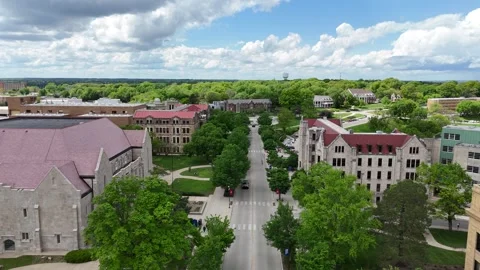 Aerial of Jayhawk Boulevard and the Chi Omega Fountain in Spring Video stock 337970407