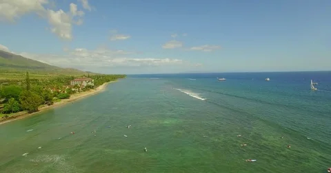 Aerial Jib Down Lahaina Harbor Surfing Stock Footage 78558652