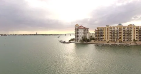 Aerial of John Ringling Bridge with Million Dollar Condos at sunset in Sarasota Vídeos de archivo 74735237