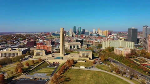 Aerial Kansas City sky line Liberty memorial downtown fall 4K Stock Footage