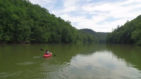 Aerial of Kayak on Red River, Daniel Boone Forrest in Appalachian Mountains Video stock 64283965