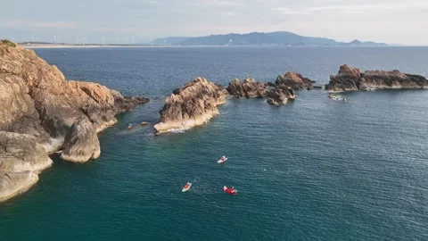 Aerial kayaks at Eo Gio, Quy Nhon, Binh Dinh, Vietnam Stock Footage 337891404