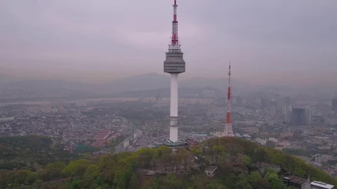 Aerial Korea Seoul April 2017 Seoul Tower Hazy Overcast Day Stock Footage