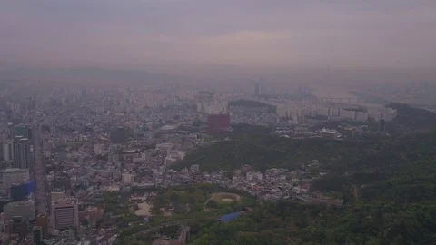 Aerial Korea Seoul April 2017 Seoul Tower Hazy Overcast Day Stock Footage