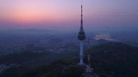 Aerial Korea Seoul April 2017 Seoul Tower Sunrise Stock Footage