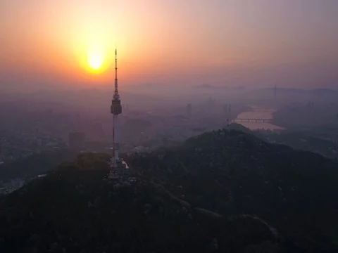 Aerial Korea Seoul April 2017 Seoul Tower Sunrise Stock Footage