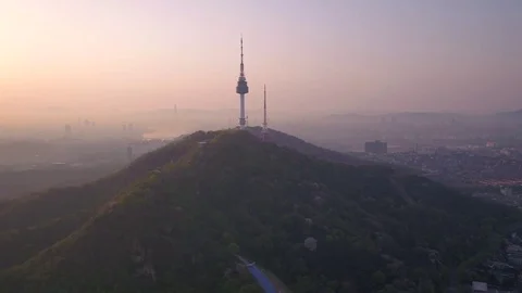Aerial Korea Seoul April 2017 Seoul Tower Sunrise Stock Footage