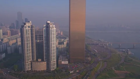 Aerial Korea Seoul April 2017 Yeouido Hazy Sunny Day Stock Footage
