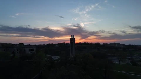 Aerial of the KU Campanile at a Spring Sunset in Lawrence Video stock 337970412