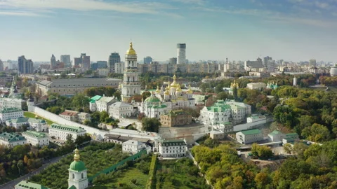 Aerial of Kyiv (Kiev) historical center cityscape in summer day Stock Footage