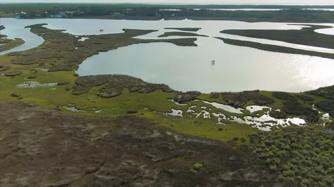 Aerial: Lagoon on Cedar Island. Outer banks, North Carolina, USA. Stock Footage 121492538