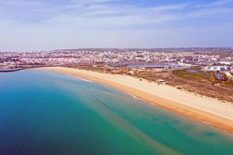 Aerial from Lagos and Meia Praia in the Algarve in Portugal Stock Photos