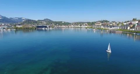 Aerial of Lake Lucerne with the city in the background Stockbeeldmateriaal 89943401