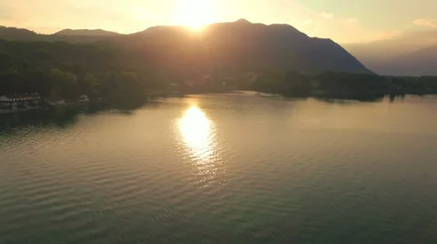 AERIAL: Lake at sunset Stock Footage 55366030
