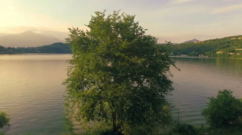 AERIAL: Lake at sunset Stock Footage 55366271