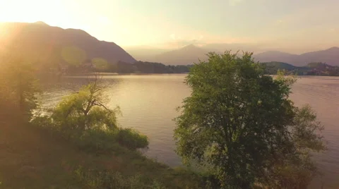 AERIAL: Lake at sunset Stock Footage 55366277