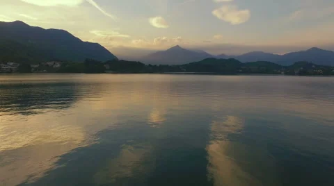 AERIAL: Lake at sunset Stock Footage 55366893