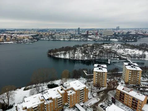 Aerial landscape above a river on a cold winter day cityscape central Stockho Stock Photos