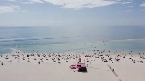 Aerial landscape Beachfront ocean complex. Peninsula and sandy coast in Europe. Stock Footage 166135591