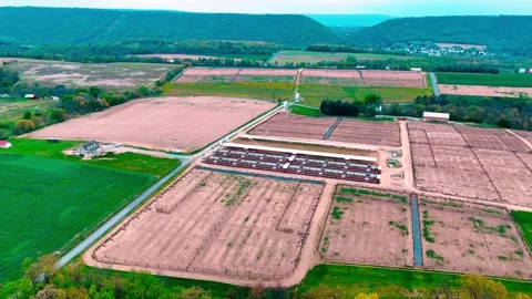 Aerial landscape of corn and guinea fowl poultry farm rural Appalachia Cent.. Video stock 318655462