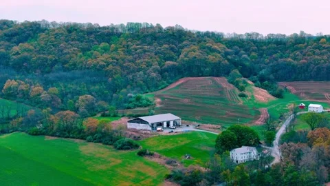 Aerial landscape of corn fields farmland mountains sunset rural Appalachia .. Видео 318655222