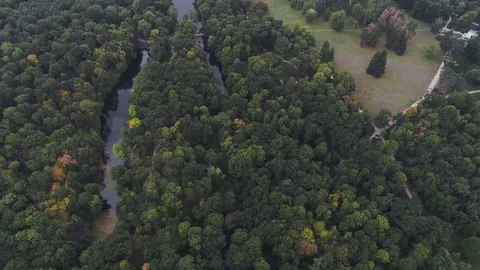 Aerial landscape on a green park with paths and lakes Stock Footage