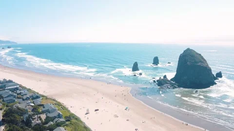Aerial landscape of Haystack Rock formation on Cannon Beach Oregon Coast Pa.. Stock Footage 293510145