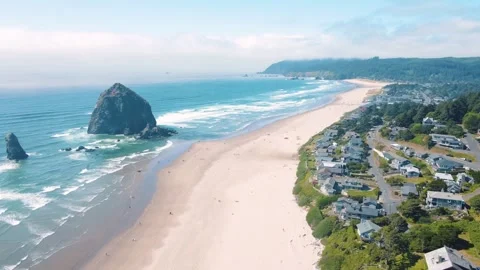 Aerial landscape of Haystack Rock formation on Cannon Beach Oregon Coast Pa.. Stock Footage 293511836