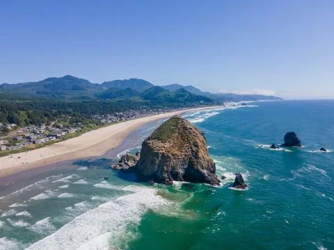 Aerial landscape of Haystack Rock formation on Cannon Beach Oregon Coast Pa.. Stock Photos