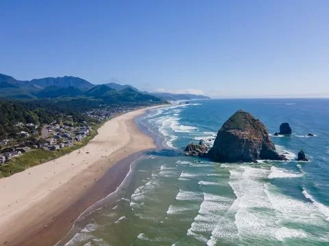 Aerial landscape of Haystack Rock formation on Cannon Beach Oregon Coast Pa.. Stock Photos