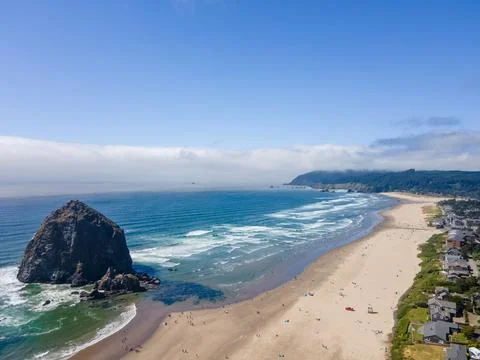 Aerial landscape of Haystack Rock formation on Cannon Beach Oregon Coast Pa.. Stock Photos
