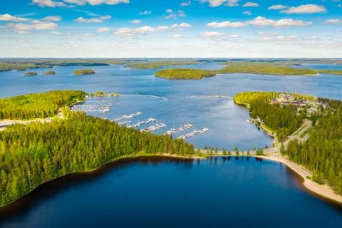 Aerial landscape of lakes and forest. Imatra city. Imatran Kylpyla Spa. Finland Stock Photos
