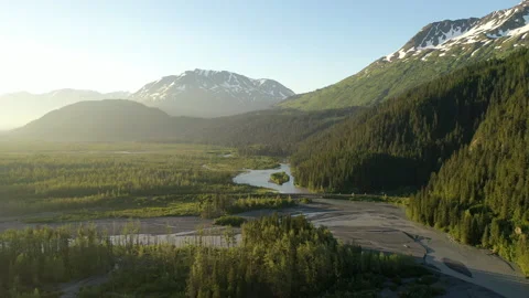 Aerial landscape, mountains range and a glacier-fed river, adventure inspiration Stock Footage 228322211