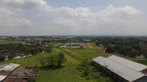 Aerial landscape of rice fields on the edge of the railway Stock Footage 259931765