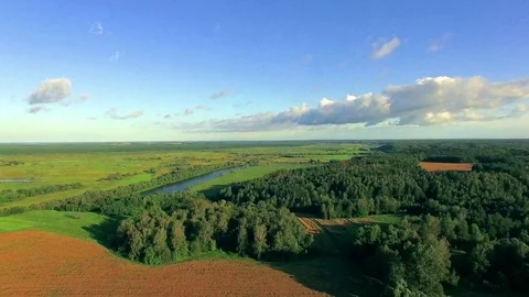 Aerial landscape with river, forest and field Stock-Footage 100408204