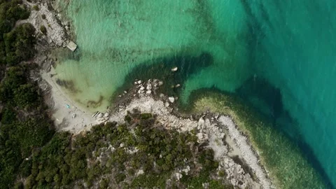 Aerial Landscape Top Down Reveal Heritage Site Old Tower Sardinia Italy Blue Stock Footage