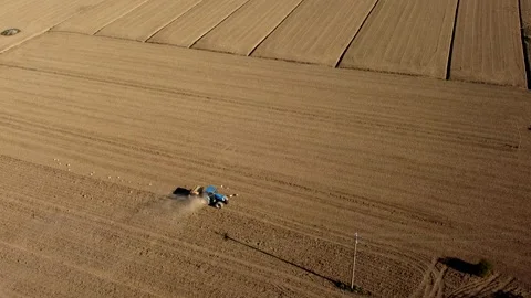 Aerial landscape of tractor seeding in the countryside. Rural scenario Stock Footage 163647853