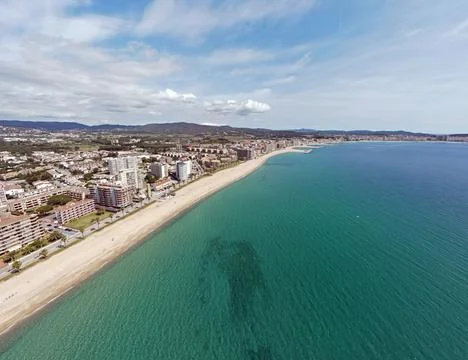 Aerial landscape view of beach and Mediterranean Sea along Costa Brava in P.. Stock Photos