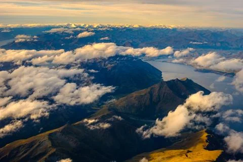 Aerial landscape view of mountain range and Lake Wakatipu, NZ Stock Photos