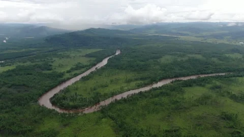 Aerial landscape winding river, forest trees in Siberia, Russia Stock Footage 314694200