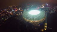 Aerial Of Large Illuminated Stadium At Night, City Landmark Stock Footage